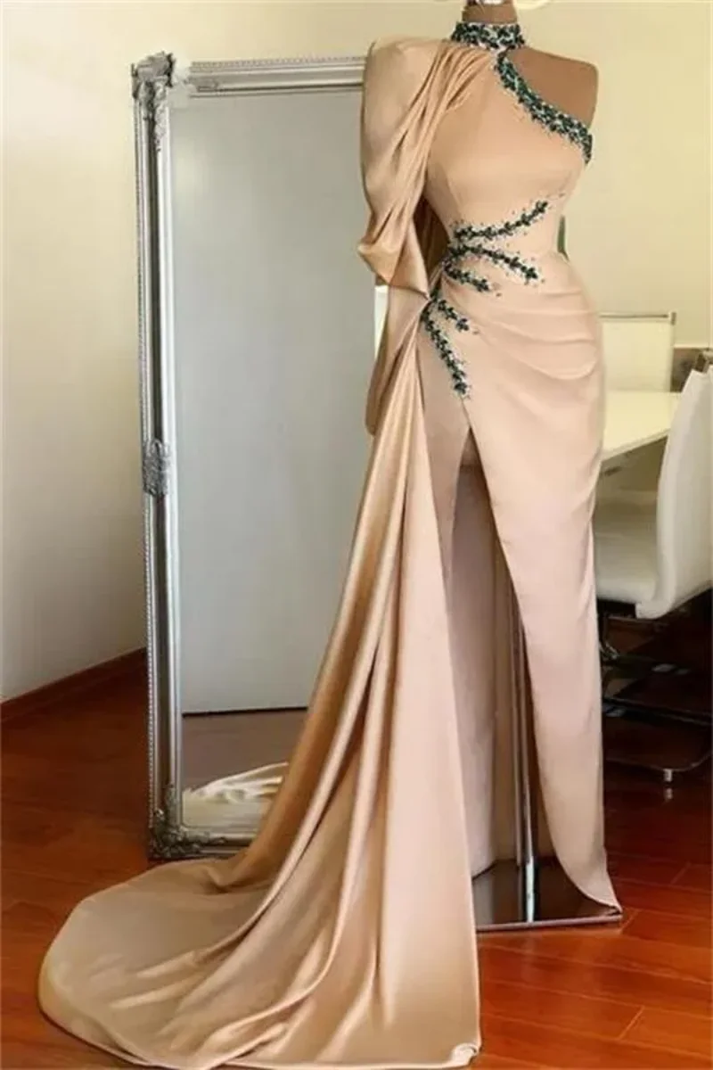 

Champagne Side Split Mermaid Prom Dresses Beaded High Neck Long Sleeve Evening Dress Party Second Reception Gowns فساتين السهرة