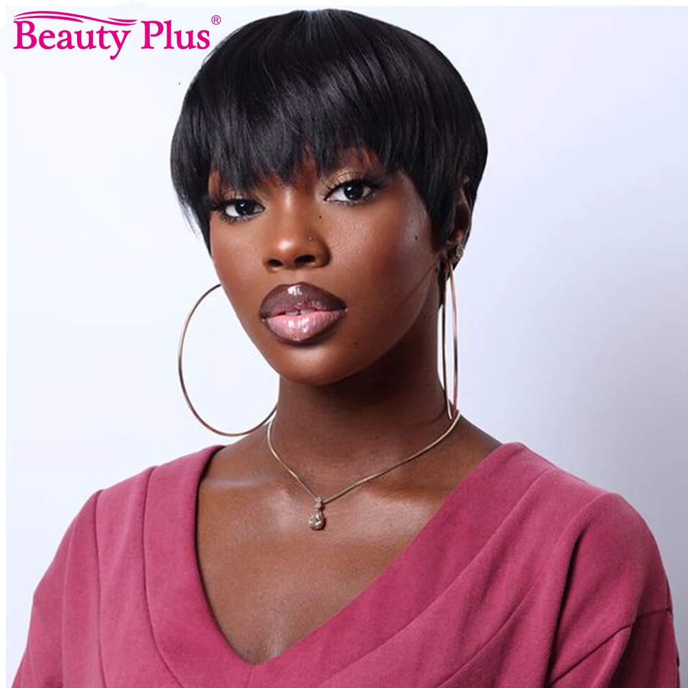 

Natural Affordable Pixie Cut Glueless Wig With Bangs Brazilian Remy Straight Human Hair 150% Full Machine Made Wig for Women
