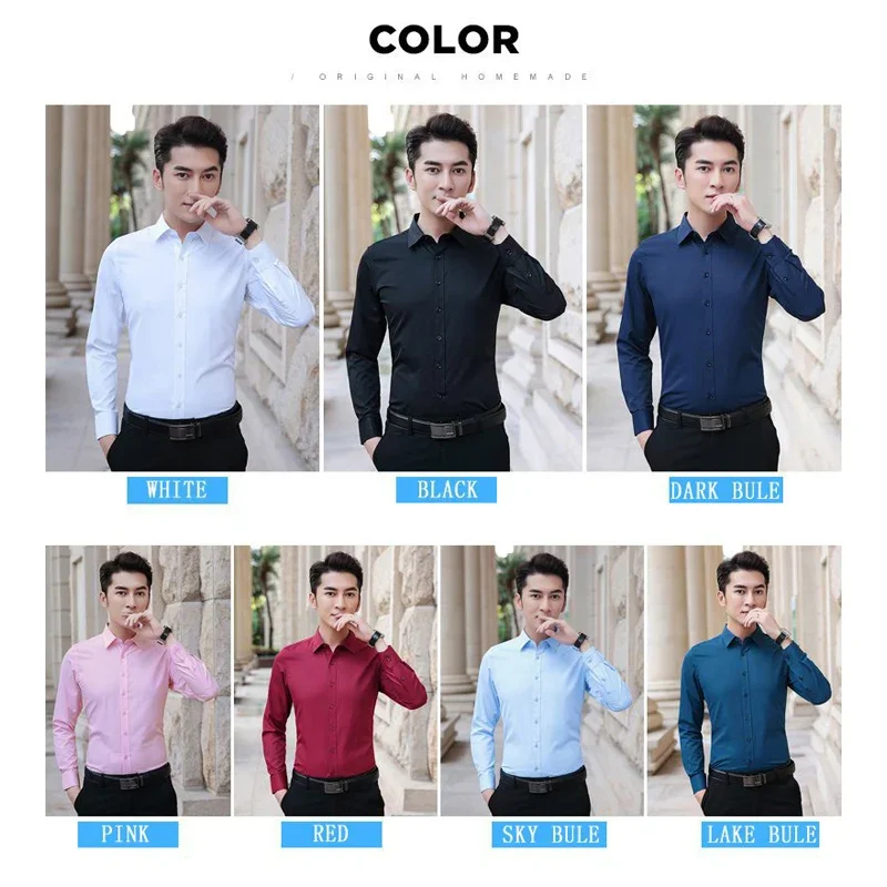 BROWON Size M-5XL Men Dress Shirts Long Sleeve Turn Down Collar Solid Color Business Work Shirt Slim Fit Anti-wrinkle Men Clothe dress shirts men casual shirts