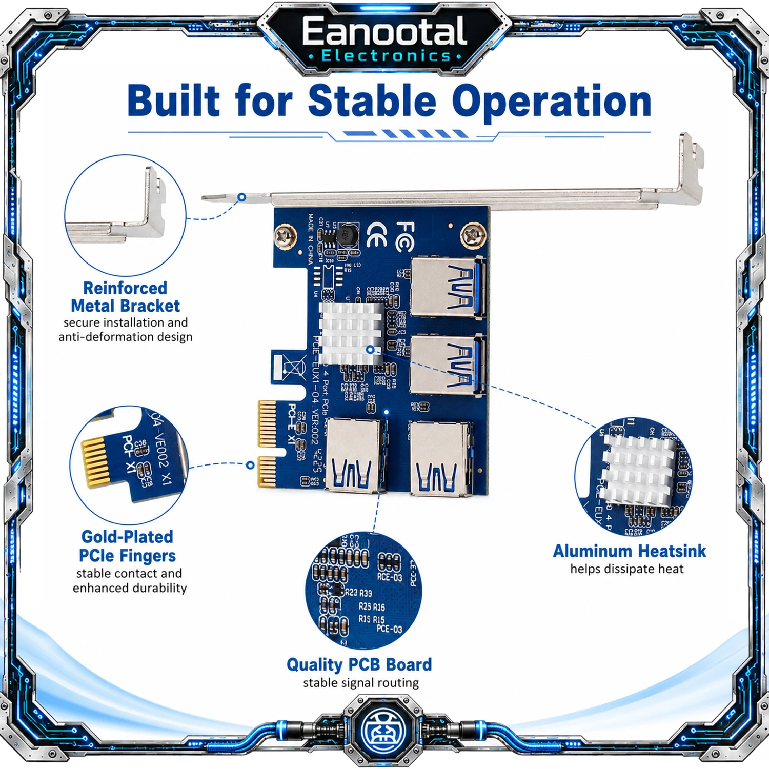 PCIe 1X에서 4개의 USB 3.0 라이저 카드로 변환하는 PCI 익스프레스 4포트 확장 어댑터 (GPU 마이닝 장비, 멀티-GPU 설정용)