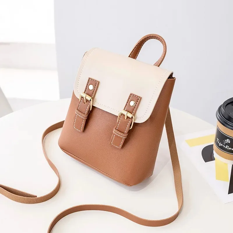 Vintage PU Leather Women Small Backpack Fashion Splicing Hit Color Shoulder Bags School Bags for Teenage Girls