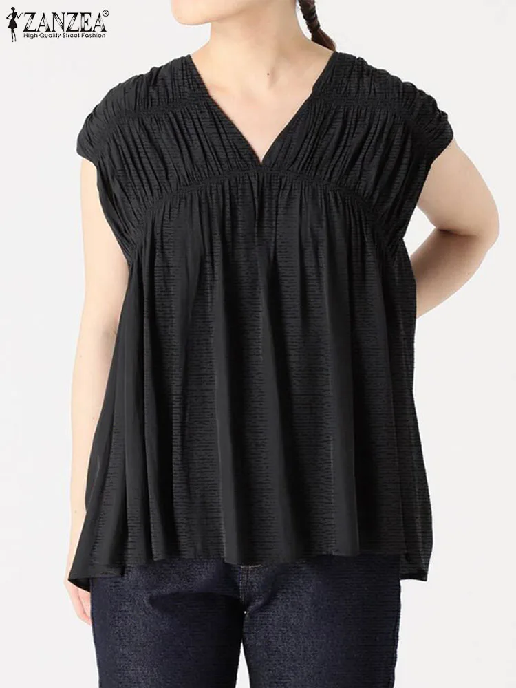 

Женская пикантная блузка ZANZEA с V-образным вырезом, Женские однотонные рубашки, корейские винтажные блузки с коротким рукавом, модель 2023 года, летние повседневные блузы