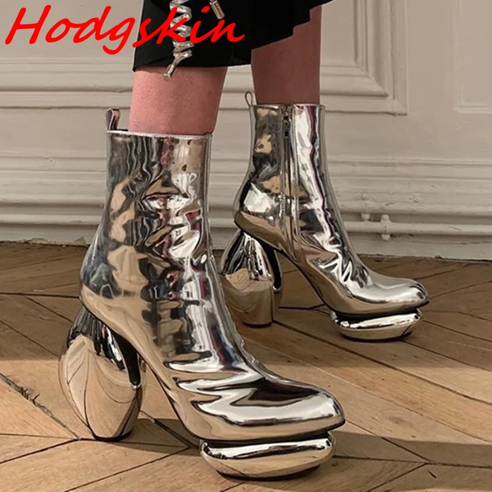 

Newest Novelty Ankle Boost Pointed Toe Side Zipper Strange Style Sliver/black Runway Show Casual Party Fashion Short Women Boots