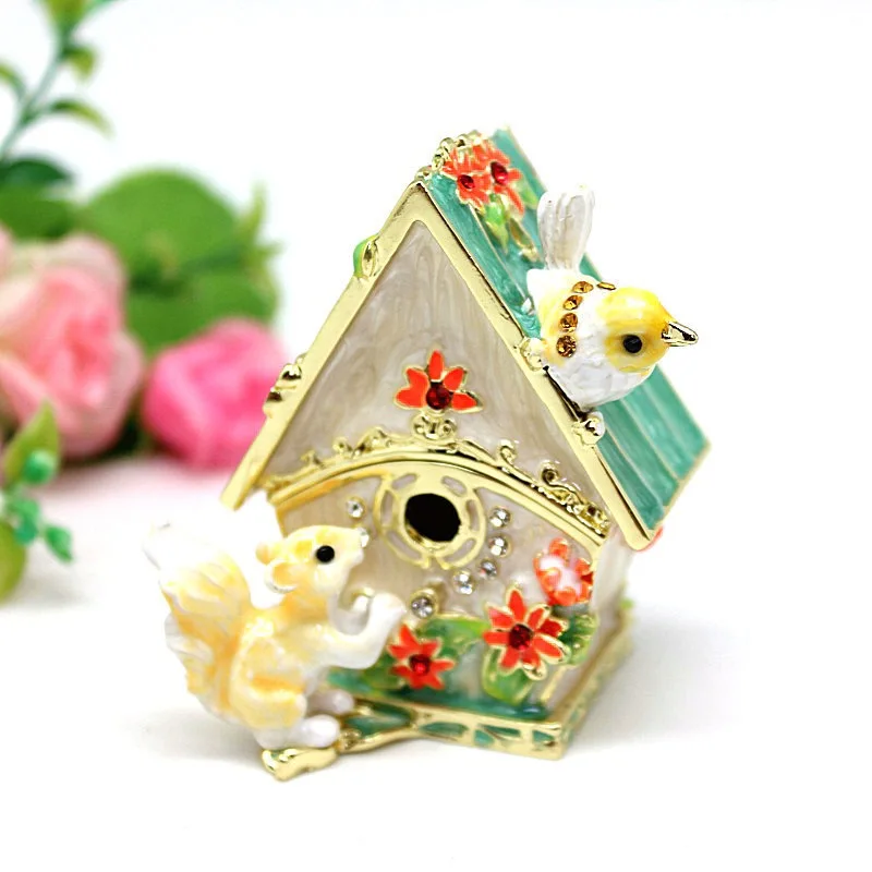 Squirrel Bird House Trinket Box Hinged Enameled Jewelry Box Hand-Painted Classic Animals Ornaments Craft Gift 50pcs empty glass container craft vials customized wedding holiday present jars jewelry ornaments corks bottles