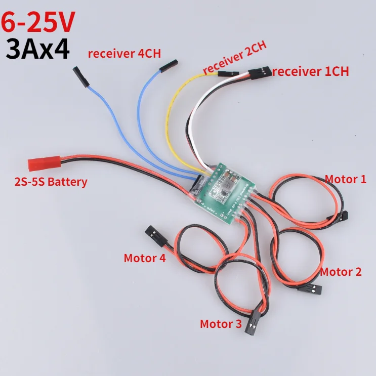 3Ax4 6-25V 4 Way 3A Dual Mode Bidirectional Brushed ESC Electric Speed Controller Support for Mecanum 4-wheeler Car Models