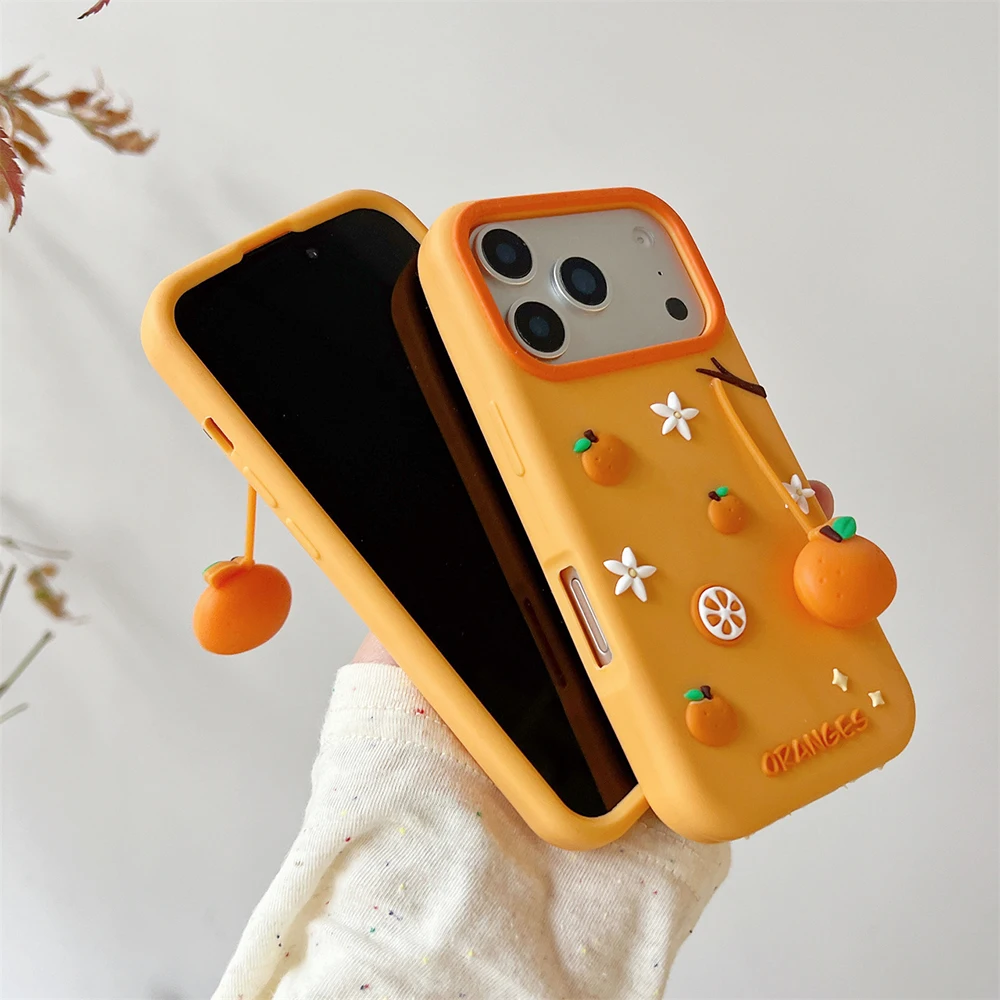 Cute 3D Orange Silicone Case with Pendant - Fun and Shockproof Cover