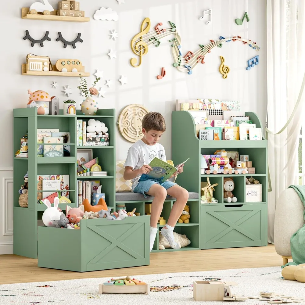 75" Kids Bookshelf with Reading Nook, Toy Storage Organizer with Seat Cushion and Movable Drawers for Playroom, Green