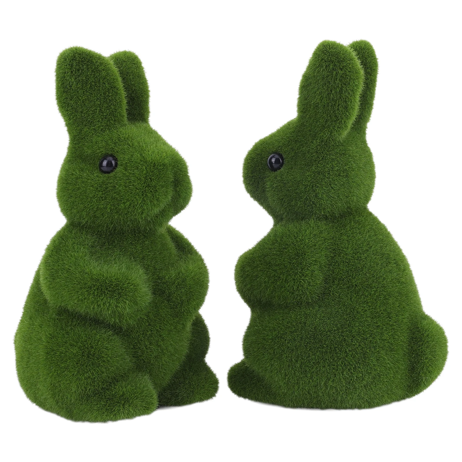 2Pcs Flocking Bunny Statue Flocked Animal Statue Decorative Fake Green Moss Rabbit Decoration Cute for Patio Garden Yard