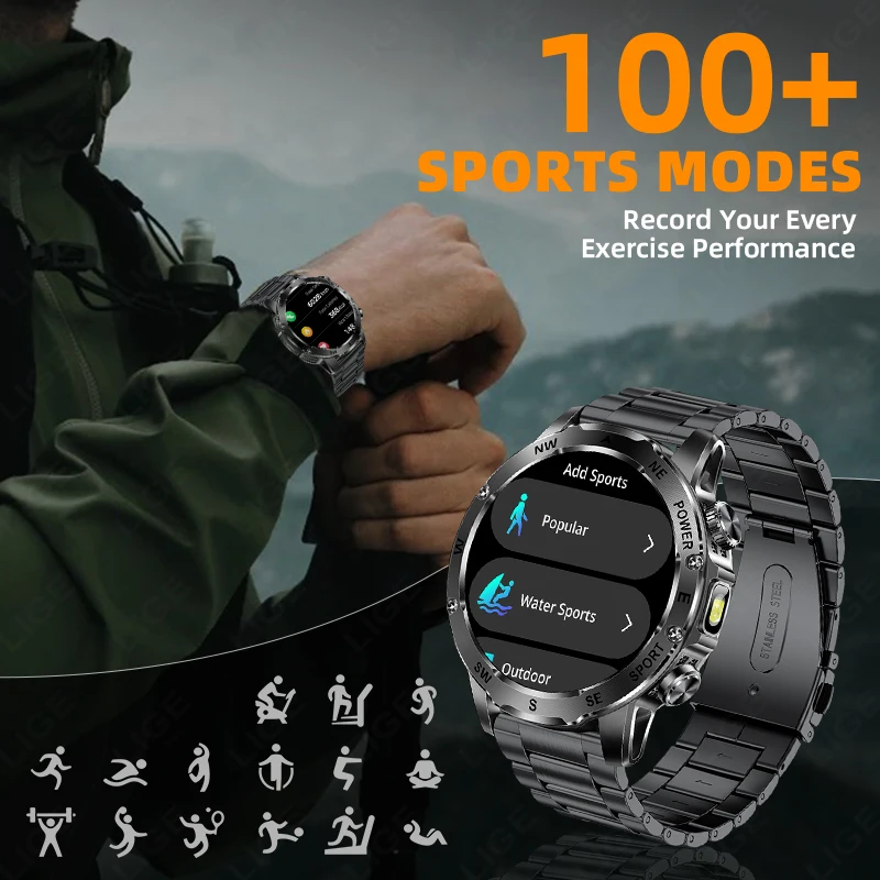 LIGE 800mAh Large Capacity Battery Smart Watch Men's Outdoor Compass Flashlight IP68 Sports Fitness Voice Calling Man Smartwatch