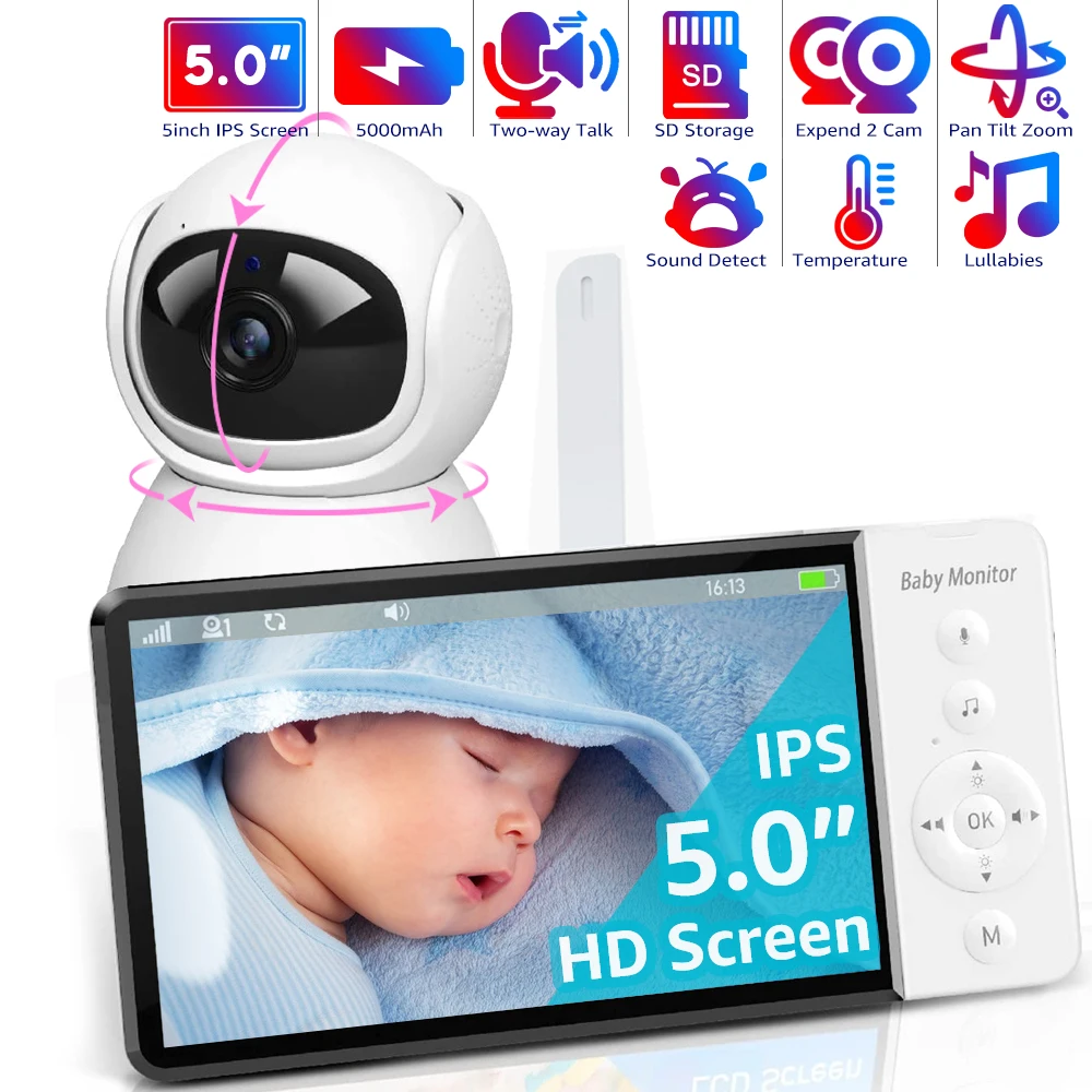 Tela IPS de 5 polegadas Pan-Tilt-Zoom Camera Video Baby Monitor com bateria de 30 horas Conversa em 2 vias Visão noturna Temperatura 8 canções de ninar Armazenamento em cartão SD e alcance de 1000 pés Sem WiFi