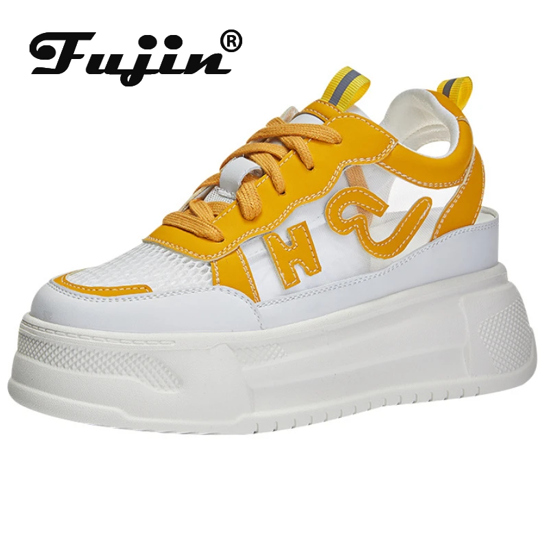 

Fujin 8cm 2024 Air Mesh Microfiber Leather Women Casual Breathable Chunky Sneakers Sandals Platform Wedge Summer Slippers Shoes