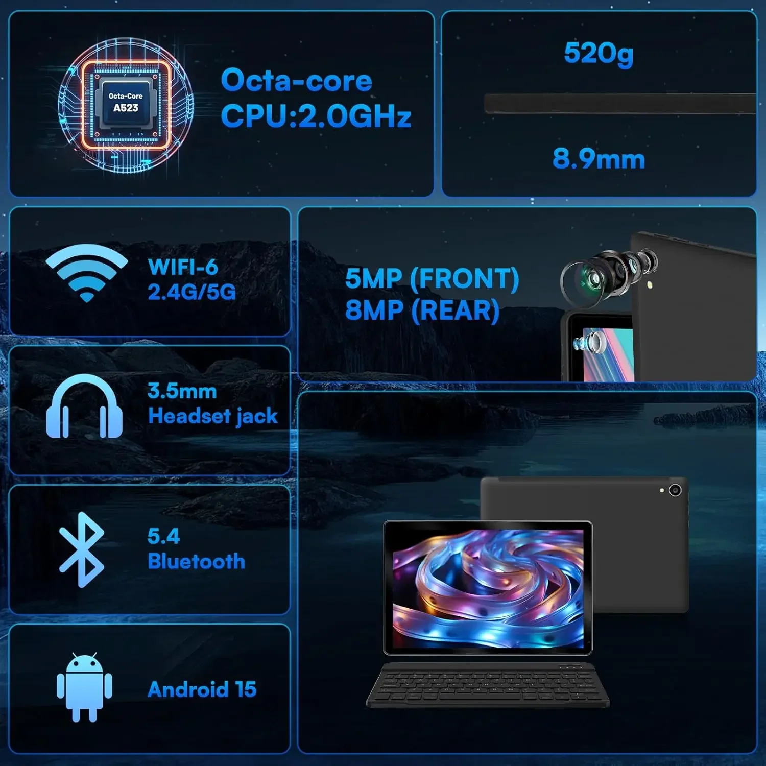 URAO 10 Inch Tablet Android 15 8-Core Tablets 24GB+128GB 1TB Expansion WiFi 6 5MP+8MP Stylus Keyboard Mouse Headphone PC PAD Set