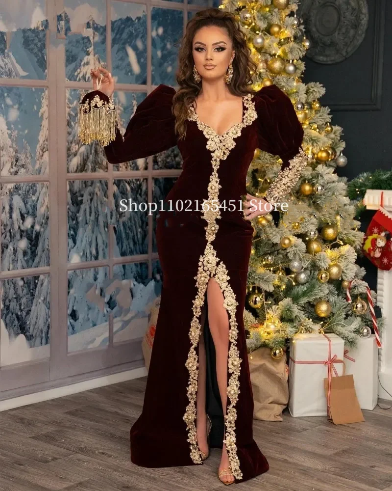Burgundy Velvet Evening Dresses 2023 Lace Beading Traditional Kosovo