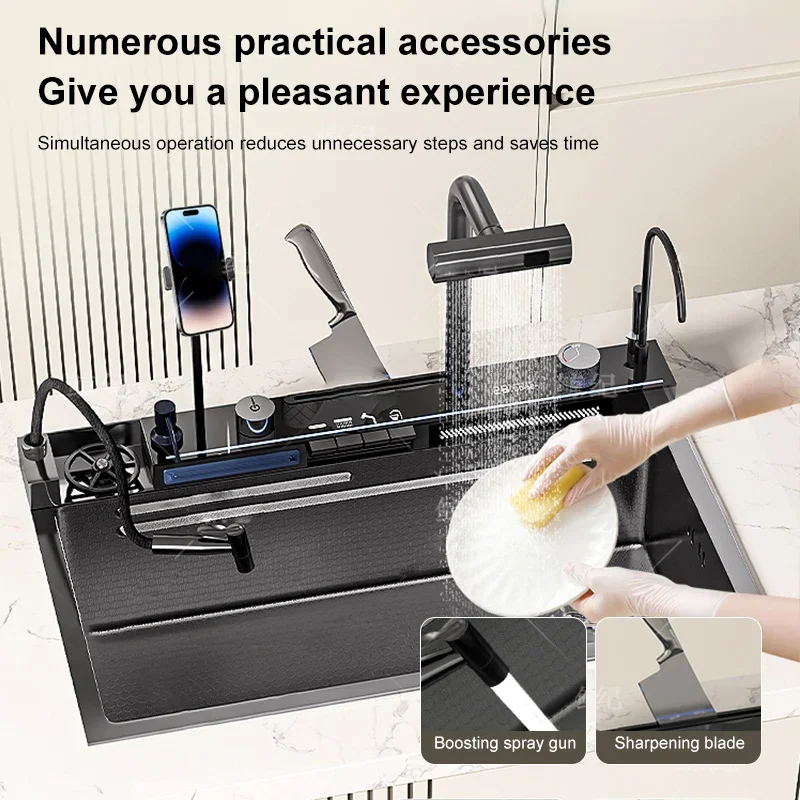 Stainless Steel Waterfall Kitchen Sink Honeycomb Scratch Resistant Right Drain Wash Basin Large Single Slot Smartphone Holder 2