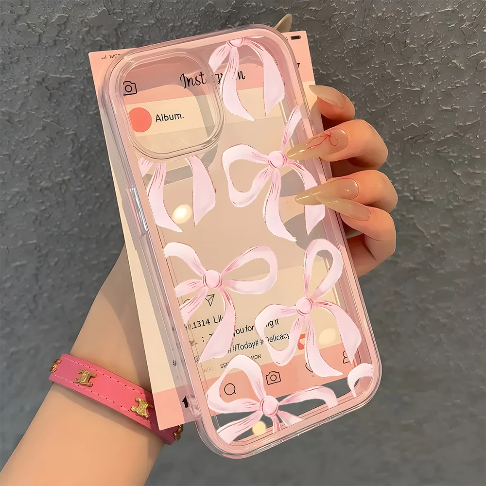Elegant Pink Bow Pattern Clear Silicone Phone Case - Candy Color Soft Cover