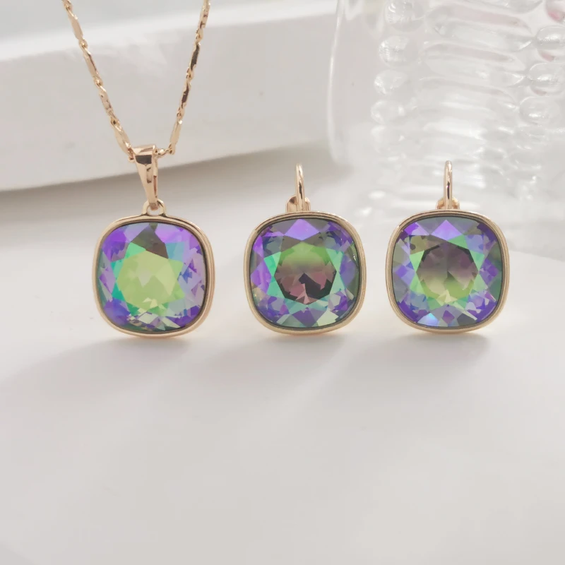 Fashion Square Jewelry Sets Bridal 12mm Austrian Crystal Necklace Set