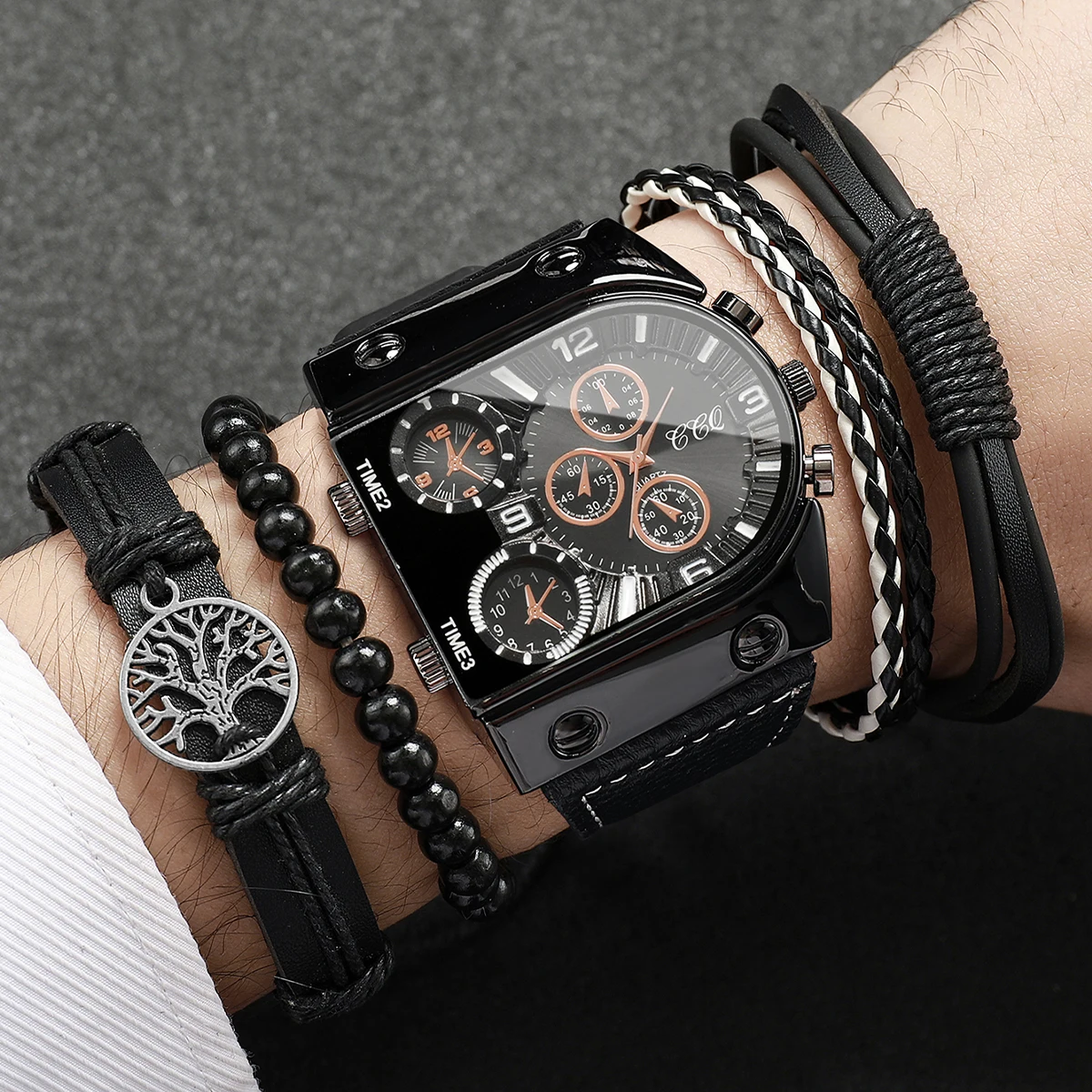 Men's Watch Classic Fashion Digital Scale Large Dial Advanced Sense Handsome Trendy Quartz Watch Bracelet Set (No Box)