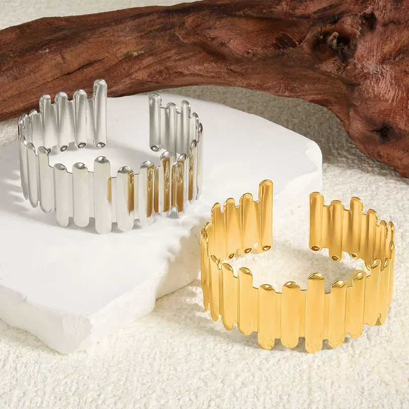 1/2Pcs Stainless Steel Women Irregular Textured Open Cuff Bangle Bamboo Leaves Ear Of Wheat Hammered Chunky Men Bracelet Jewelry 5