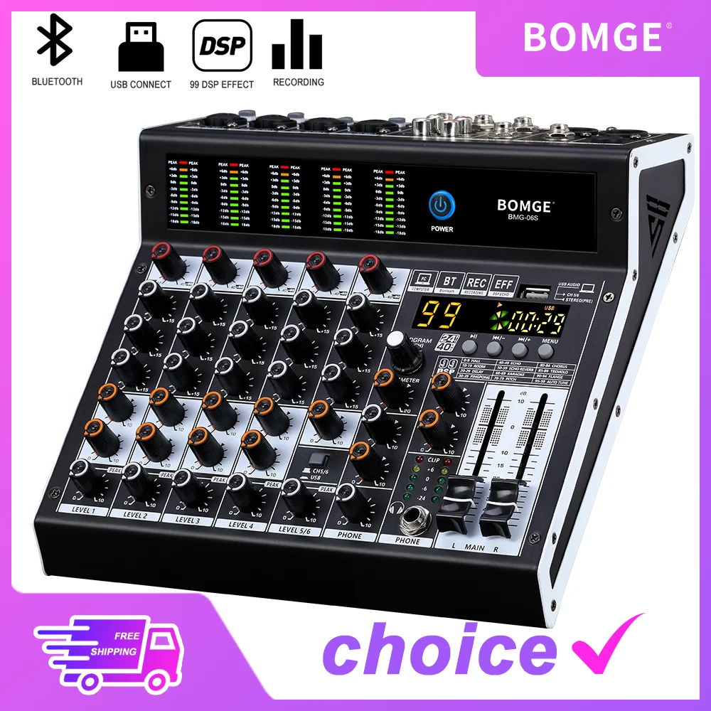 Professional 6 channels 99DSP Digital screen Audio mixer Sound Card DJ Mixing Console With USB Interface 48V MP3 for Recording