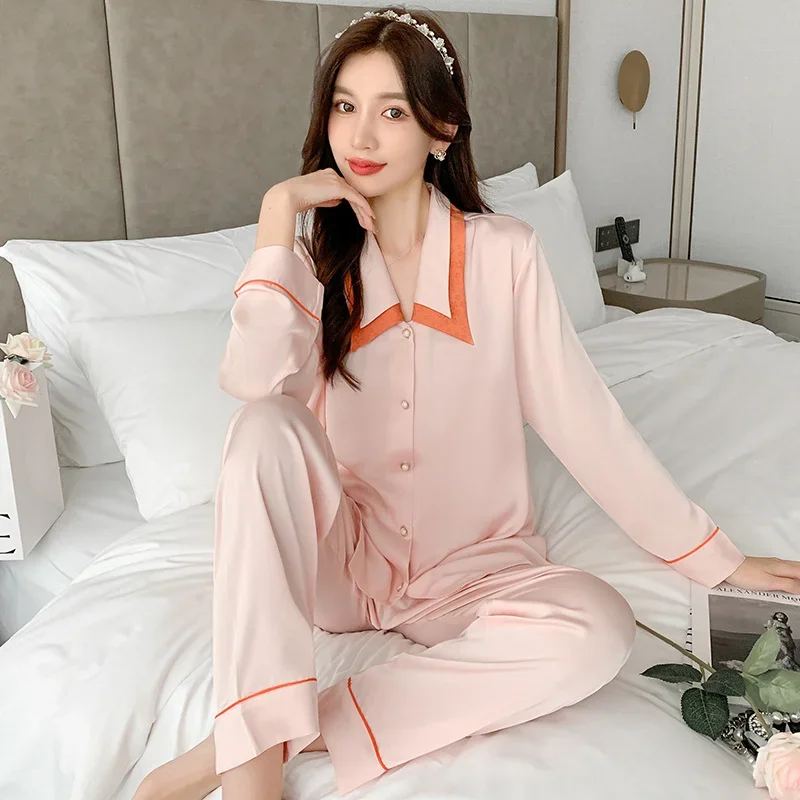 Home Clothes Two-piece Suit Summer Pajamas Women Long-sleeved  Ladies Ice Silk Silkly Smooth  Autumn Long Pants Sexy Nightwear