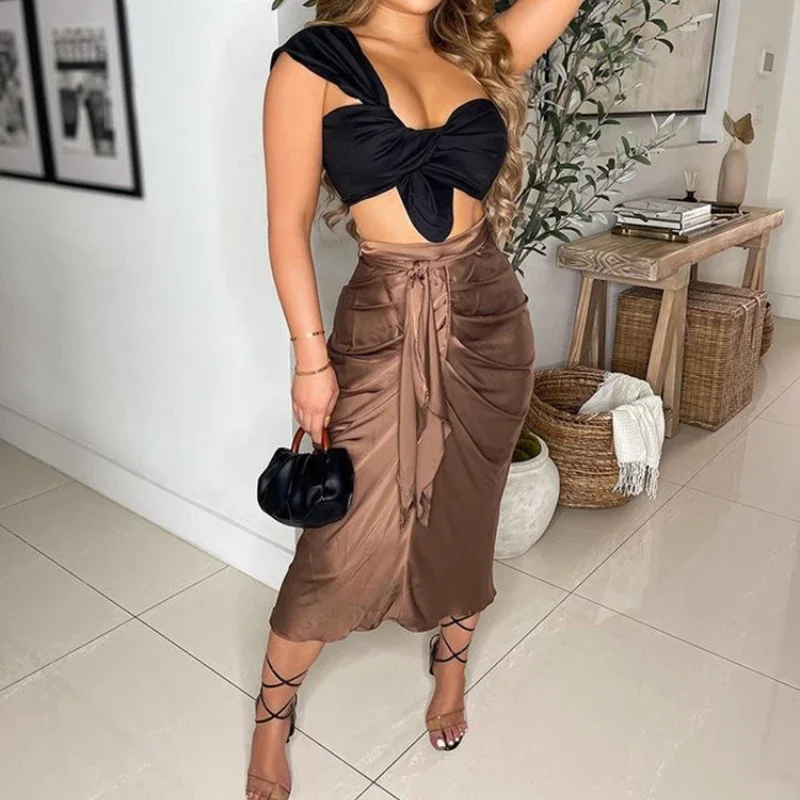  New Pleated Slim Satin Bread Butt Skirt Women's Fall Temperament Women's Pure Color and Calf Skirt Fashion Women's Skirt