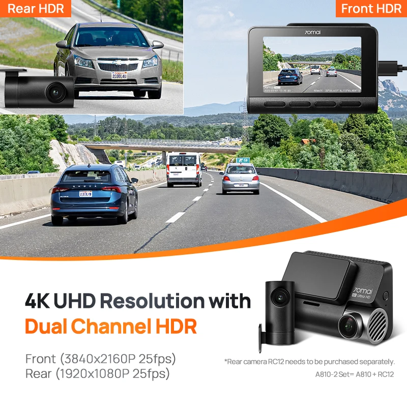 70mai 4K Dash Cam A810 HDR Built-in GPS ADAS 24H Parking 4G