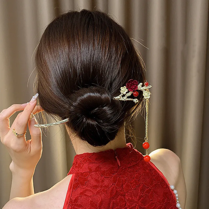 Retro Red Hair Stick Chinese Style Hanfu Tassel Women