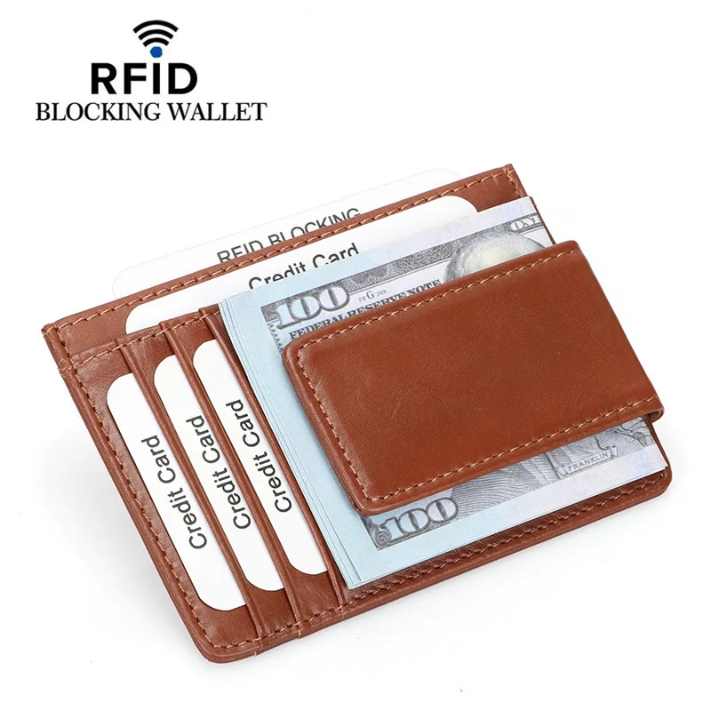 Carteira pequena de couro RFID para homens, estojo de cartão de crédito, grampo de dinheiro, mini porta-moedas vintage, bolsa fina