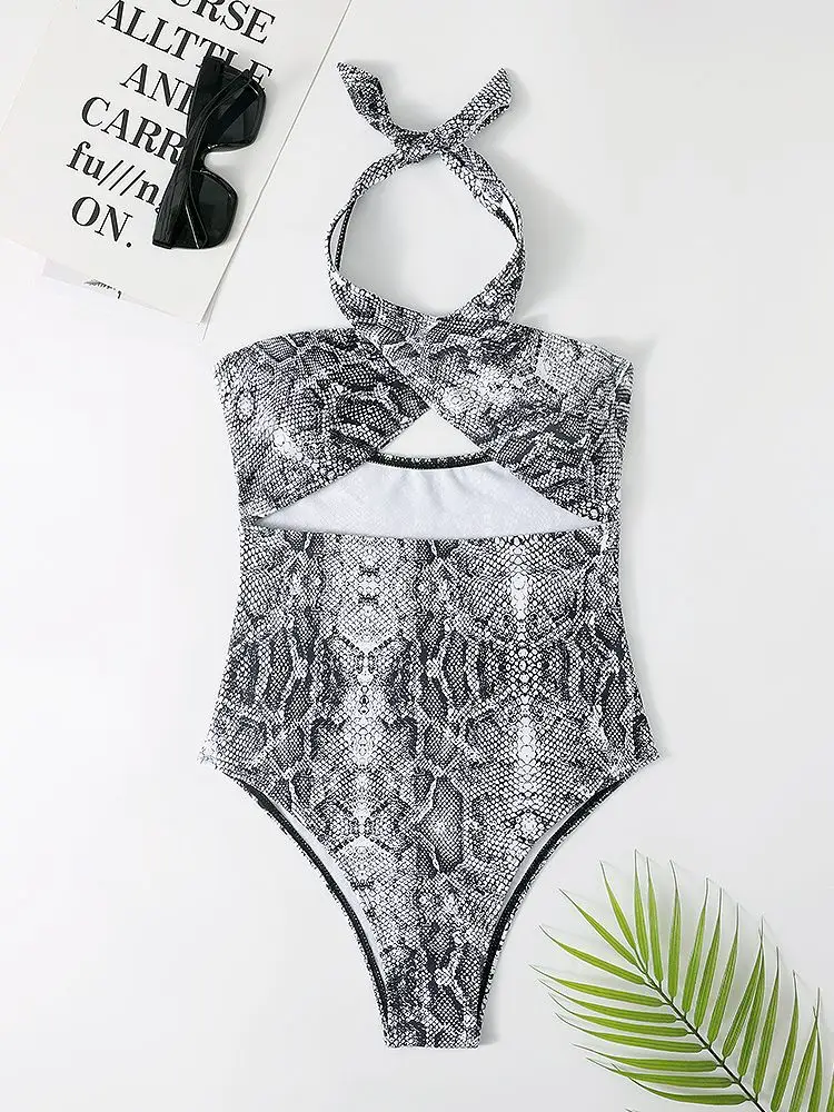 

Snake Print Hollow Cross Halter Swimwear Sexy Cut Out Thong Women One Piece Swimsuit Female Bather Bathing Suit Swim Monokini