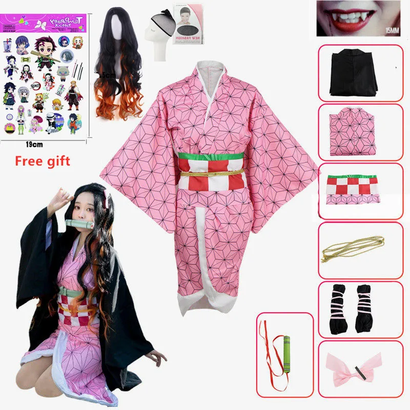 Costume Cosplay Kamado Nezuko (Demon Slayer) - Ensemble Complet Kimono + Perruque Pour Halloween Et Conventions