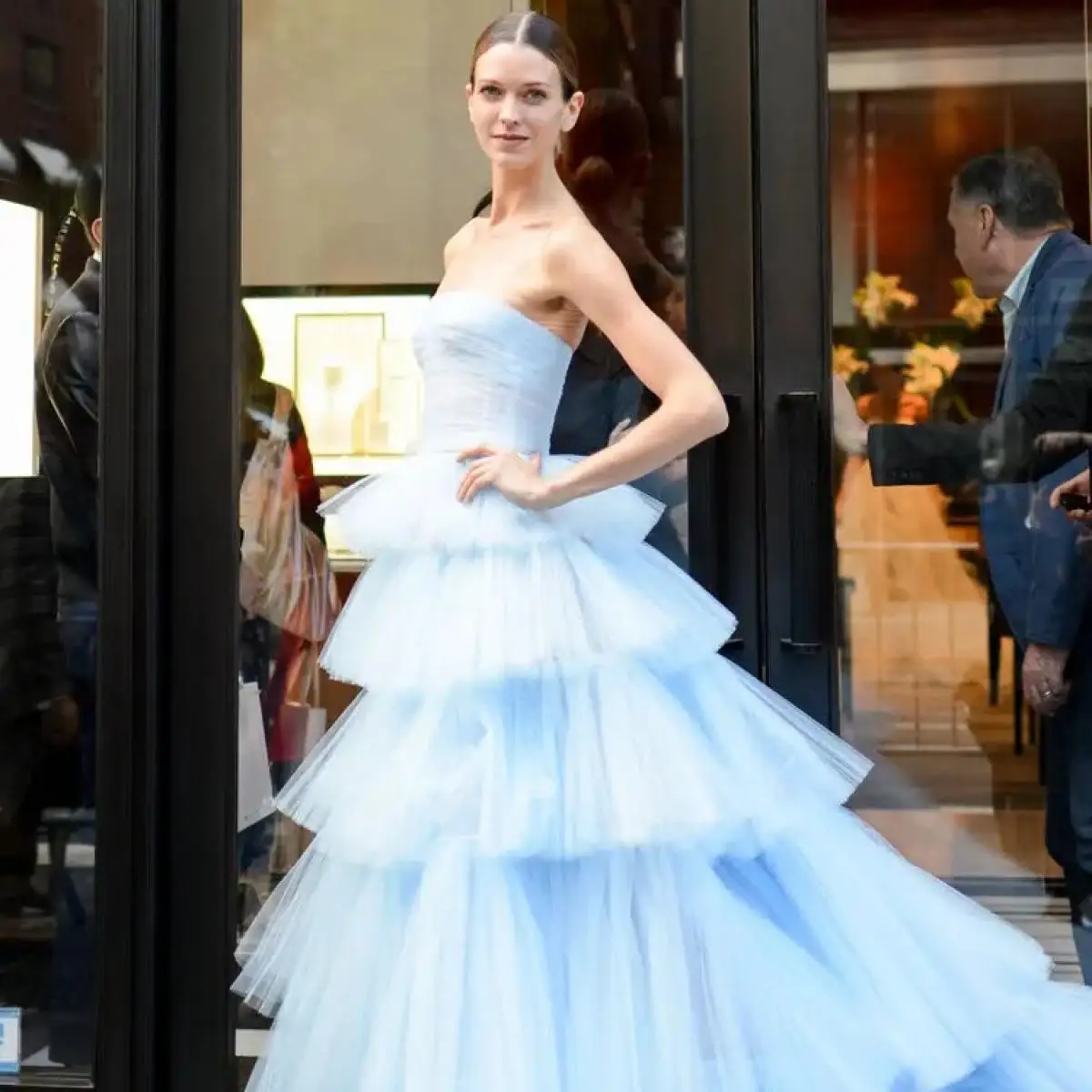 

Amanda Baby Blue Evening Dress Sweet Strapless Prom Dress Multilayer Party Dress Sleeveless فساتين مناسبة رسمية