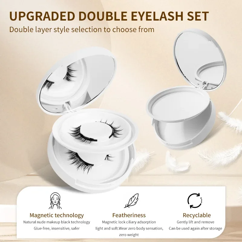 2pairs Magnetic False Eyelashes Glue-Free Mink False Eyelashes Natural Nude Makeup With Mirror Reusable Beauty