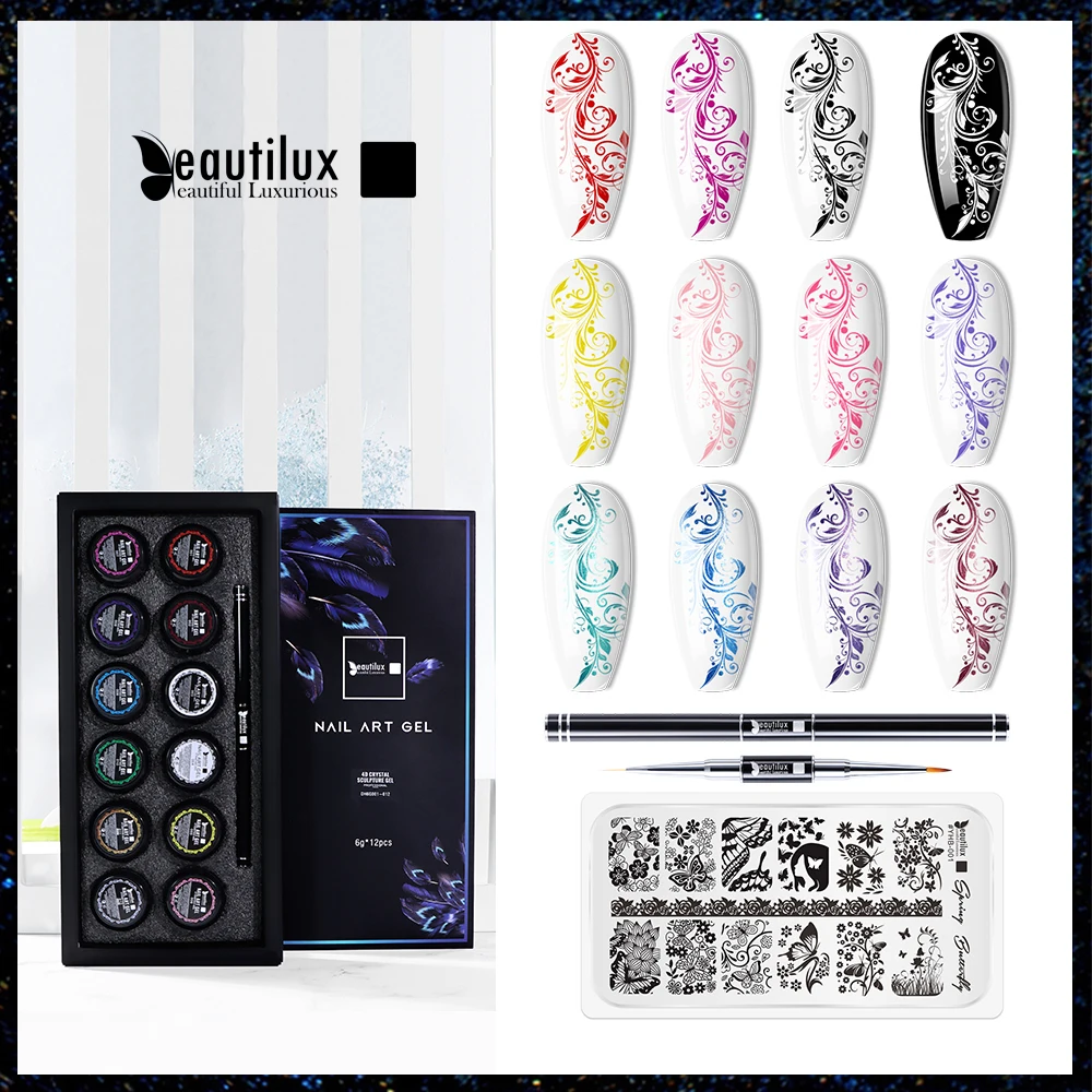 Beautilux Stamping Gel Kit Polish Black White Nail Transfer Gel Soak Off Vernice Olio Per Stampa Nail Art Stamp Piatti Manicure 6G