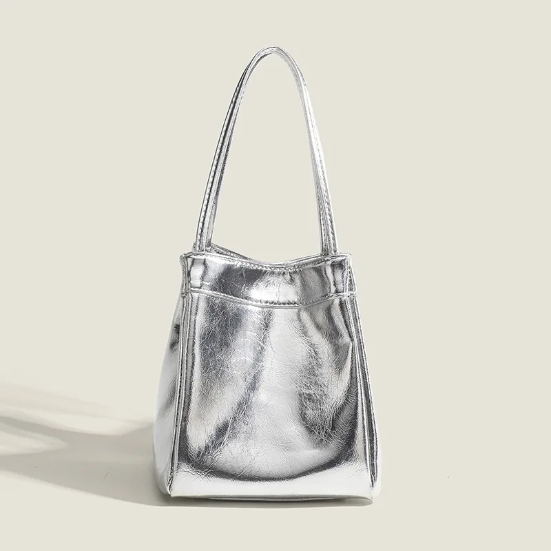 Silver Bucket Bag for Women 2025New Fashionable and Simple Lunch Box Bag Niche Western-style Texture Hand-held Small Bag