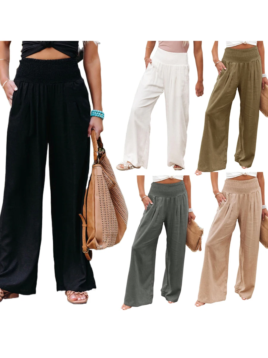

Summer Women Loose Long Trousers, Ladies Leisure Style Solid Color High Waist Ruched Beach Wide Leg Pants with Pocket