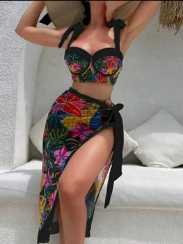 Vintage Black Floral Print Bikini 2026 Women Push Up Underwire Bra High Waist Swimsuit Beach Bathing Suit Skirt 3 Piece Swimwear 1