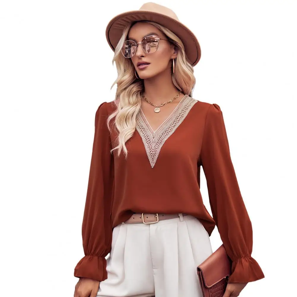 

Women Autumn V-Neck Lace Stitching Trim Pullover Tops Long Sleeve Ruffle Cuffs Loose Fit Solid Color Casual Blouse Streetwear