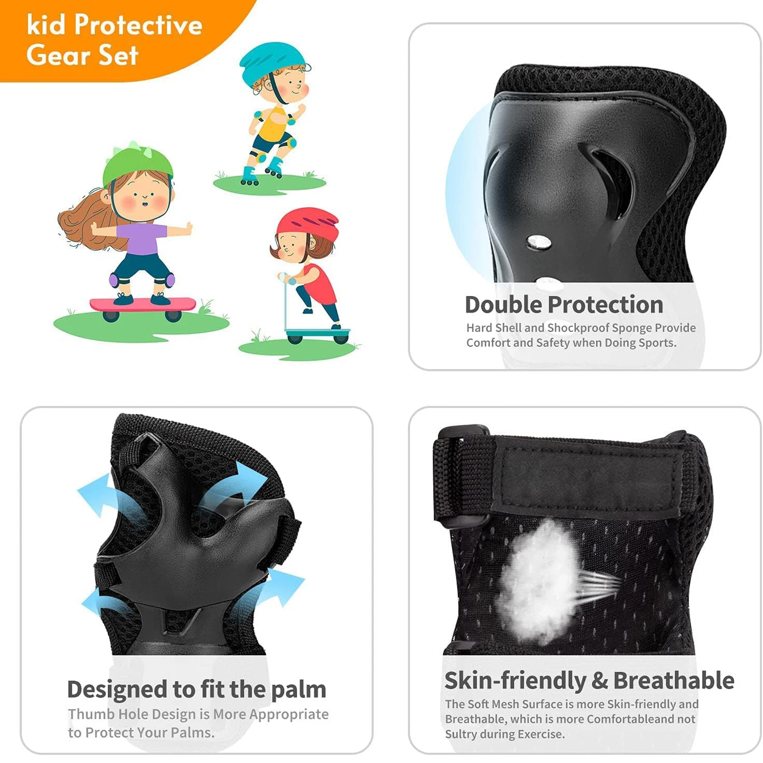 Kids Protective Gear Set Knee Elbow Pads & Wrist Guards for Skateboard Cycling Skating Scooter 6PCS for 3-15 Years