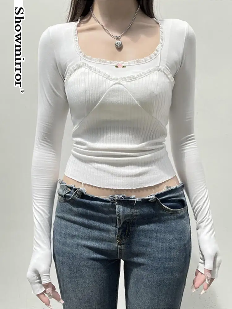 

white lace cotton tshirt cute kwaii solid casual sweet women long sleeve T-shirt U collar y2k girl flower crop top tee shirt