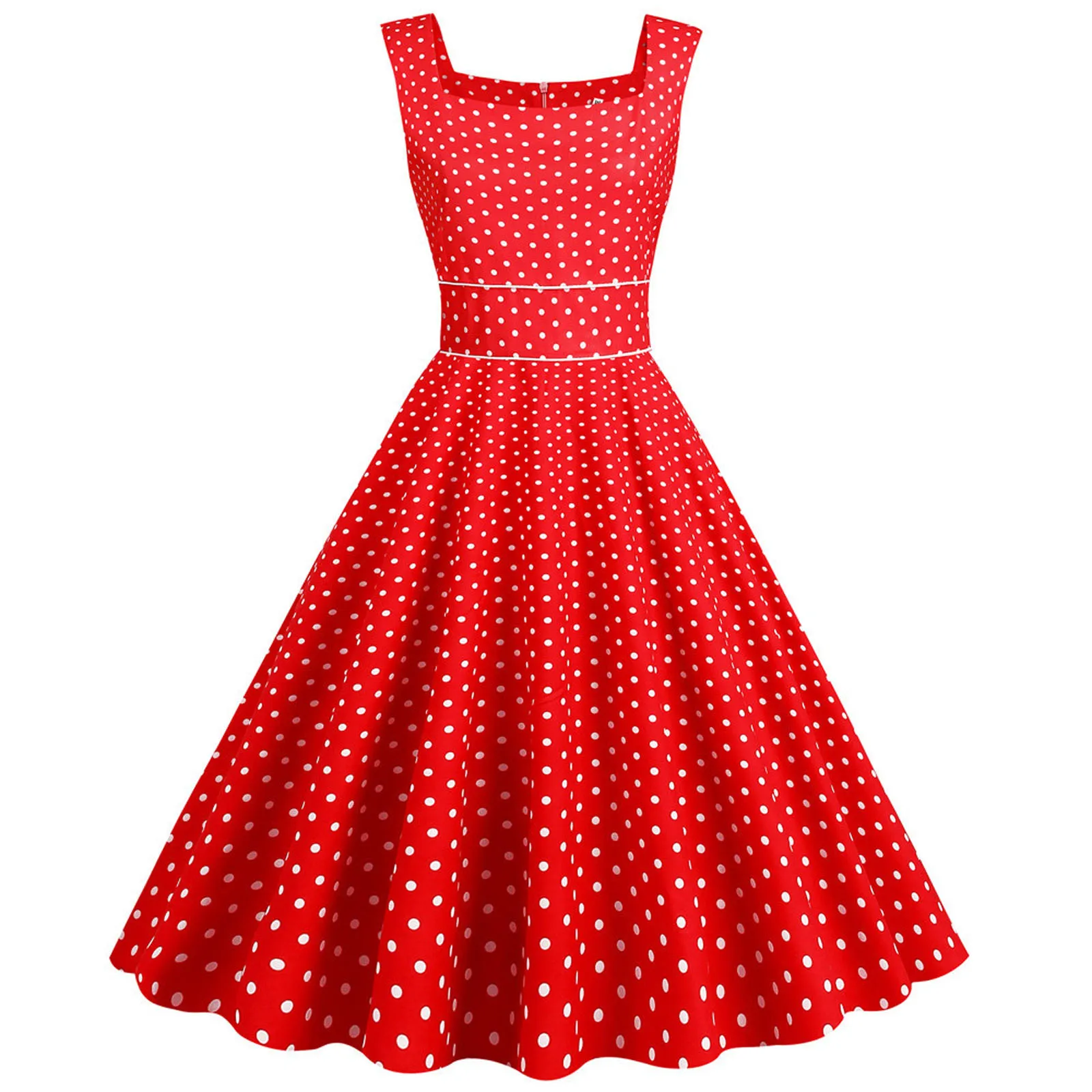 Women Vintage 1950s Retro Dress Sleeveless Dot Print Square Neck Waist In A-Line Evening Party Dress Gown Prom Swing Dresses