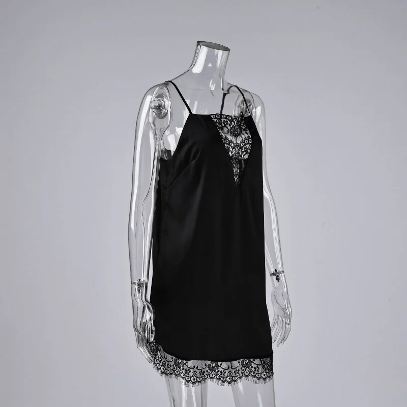 Damen Satin Slip Mini-Kleid mit Patchwork-Spitze, ärmellos, eckiger Ausschnitt, Freizeitkleid für Alltag und Party, modisch, sexy Vestidos 2026 – Detail 2