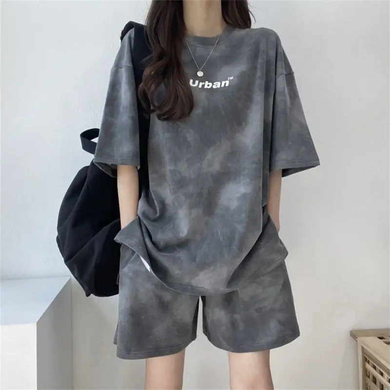 Short Sleeve Shorts Suit Women's New Summer Fashion Casual Sportswear Relaxed Youth Trend Tie-dye Printing Commuter Versatile 2020 all new fashion women s belt canvas english printing sunshine young students jeans waistbelt trend casual women belts