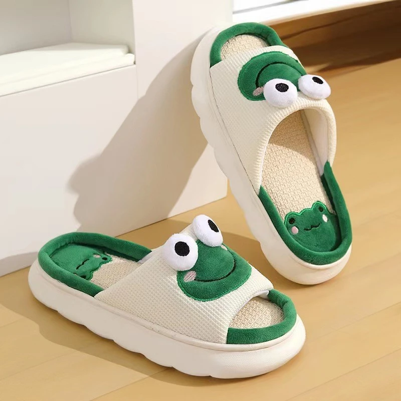 Donne Cartoon Frog pantofole inverno caldo Indoor Home Slides lino suola spessa coppia pantofola camera da letto scarpe antiscivolo sandali