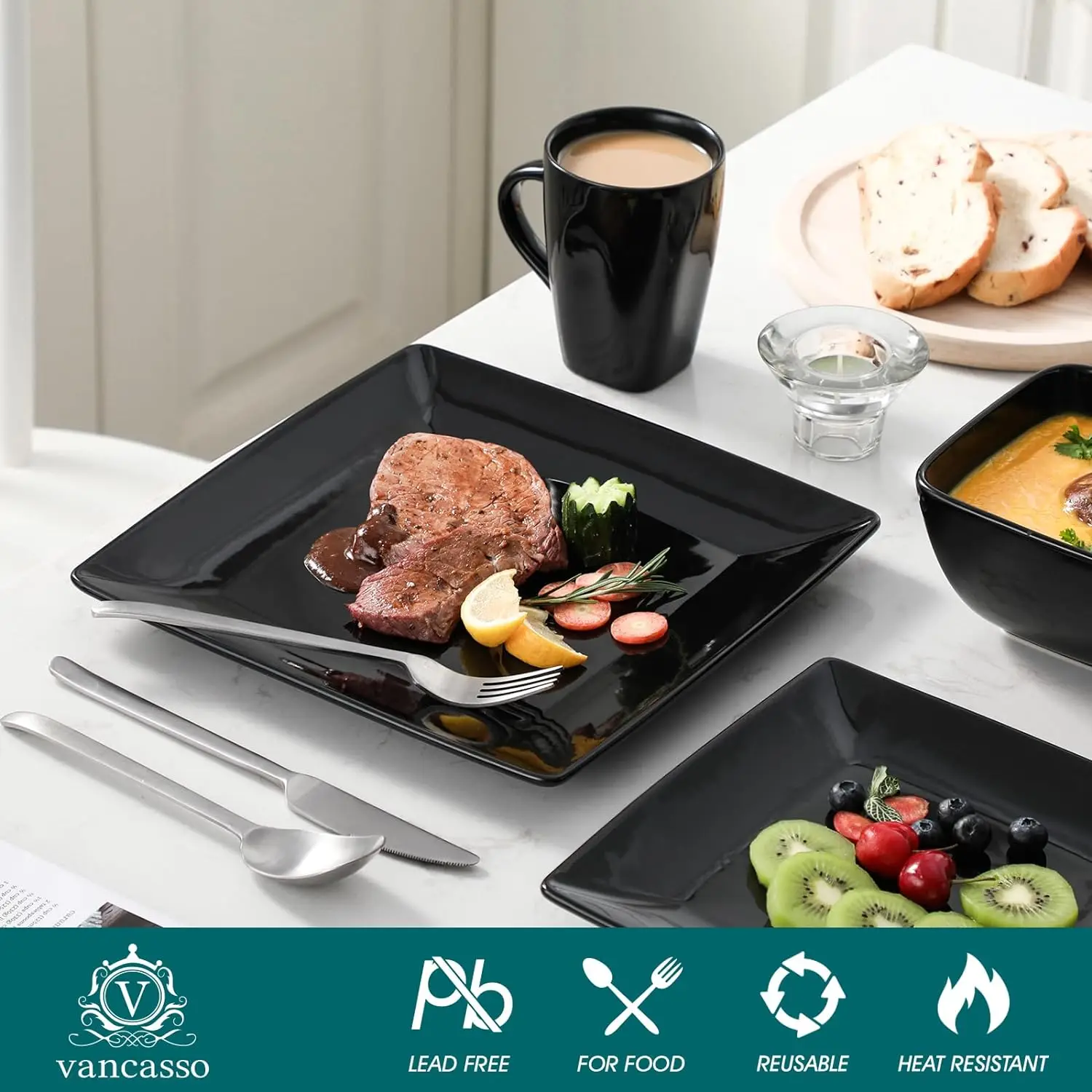 vancasso Soho Dinnerware Set, 16 Pieces, Black Stoneware Square Place Setting, Dinner Plate, Dessert Plate, Bowls, Mugs, Service