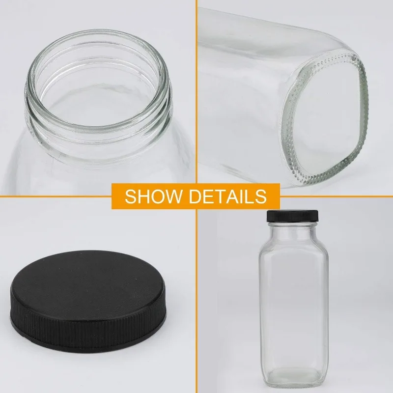 Vintage Water,Glass Drinking Bottles 16oz,Square Beverage 500ml With Lids For Kombucha,Tea,Glass Homemade Drinks, 20Pack 3