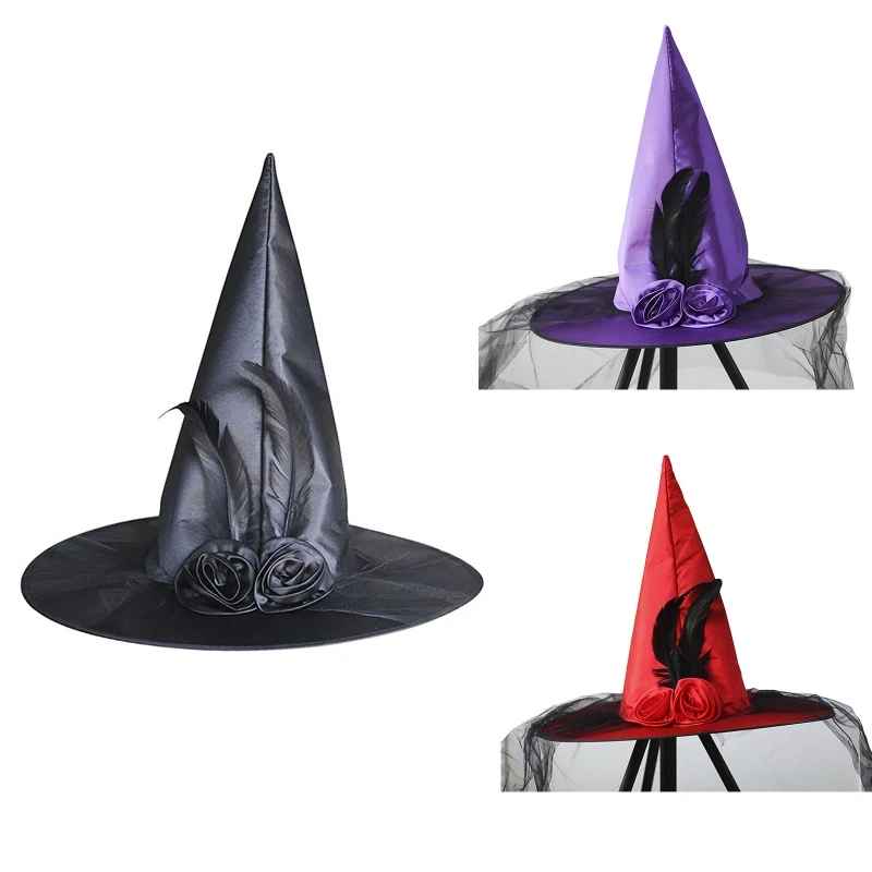 Halloween Peaked Witch Hat with Feather Rose Veil Men Women Party