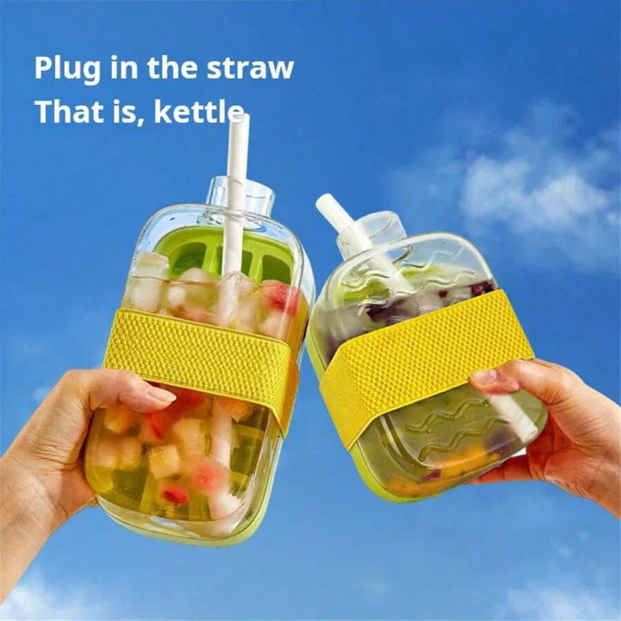 2-in-1 Water Bottle with Built-In Ice Tray & Straw, Leak-Proof Portable Sports Bottle Portable Ice Maker Bottle