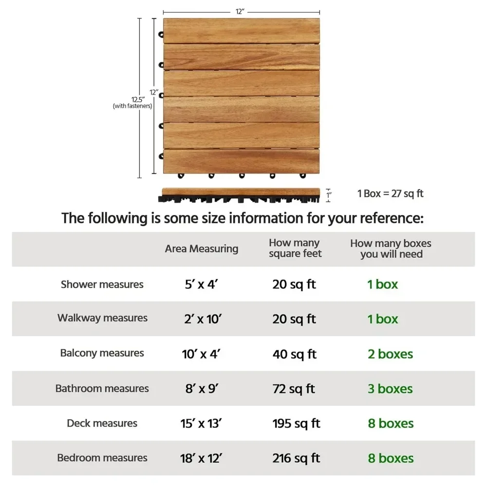 108PCS Acacia Wood Interlocking Flooring Tiles Waterproof Flooring Outdoor & Indoor Patio Balcony 12 &times; 12 In