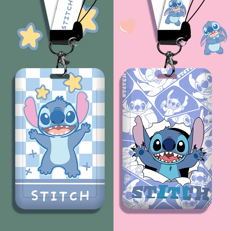 Disney Lilo & Stitch Movie Peripherals PVC Card Holder Stitch Cartoons Protective Case Student Lanyard ID Card Hanging Neck Bag pokemon original cartoon cute pikachu pvc card cover student documents hanging neck bag anti lost card holder lanyard id card