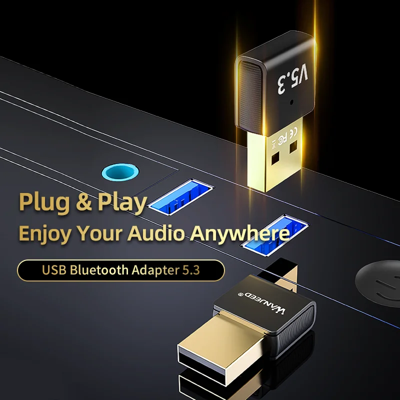 WANJEED 블루투스 어댑터 USB 동글 5.3 PC용, 드라이버 불필요, 헤드폰, 스피커, 키보드, 마우스 지원, 윈도우 11/10/8.1 호환